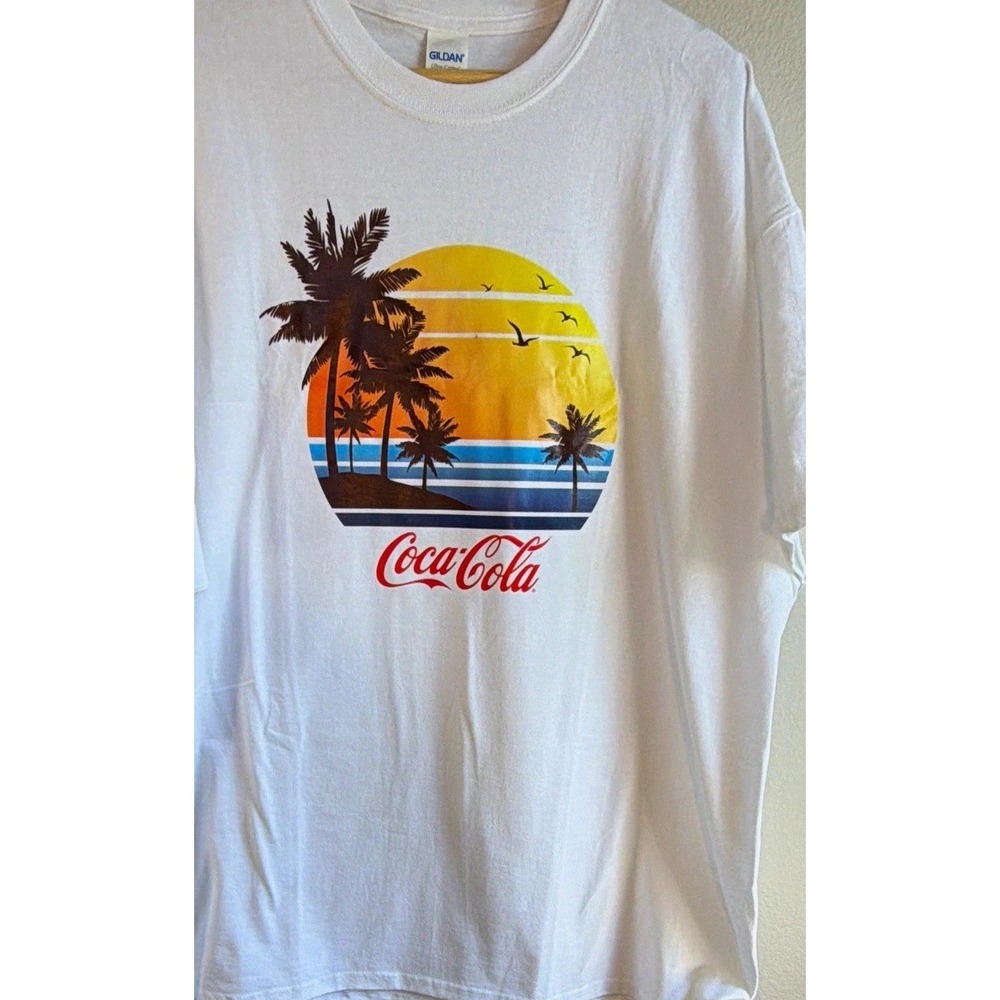 Coca-Cola Graphic White T-Shirt Sunset Palm Trees Soda Theme NWOT XXL